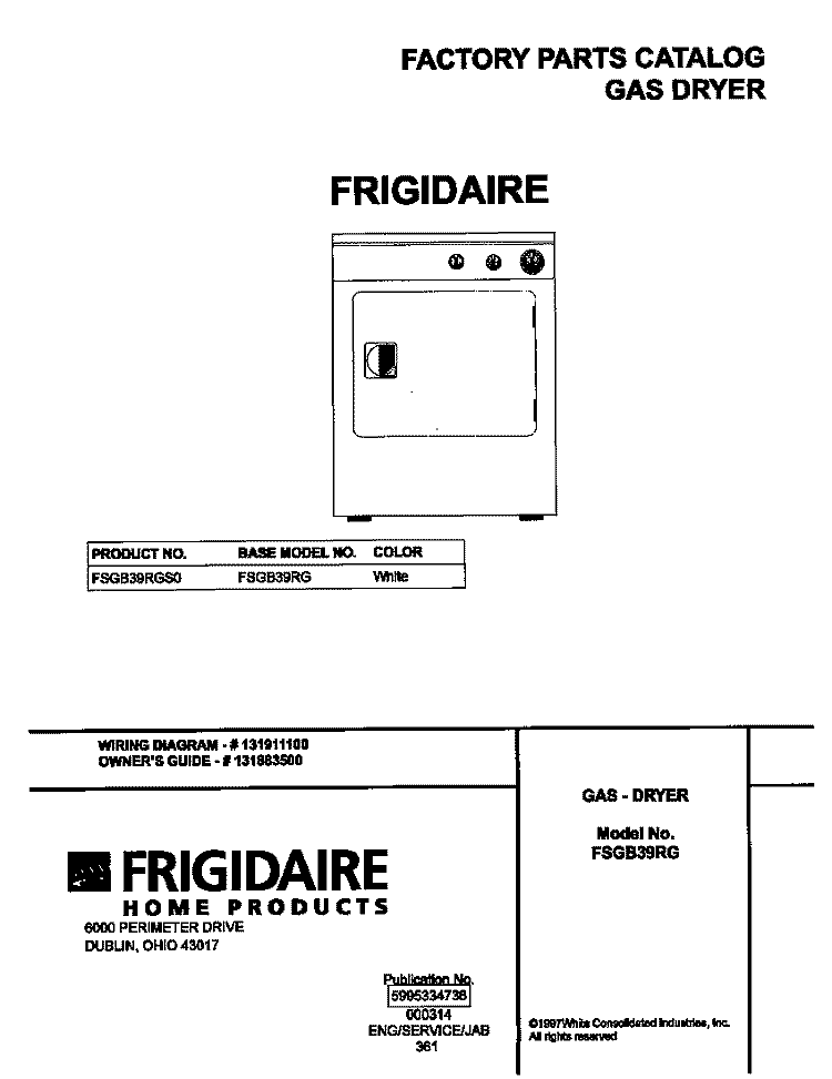 COVER Diagram and Parts List for FSGB39RGS0  Frigidaire Dryer