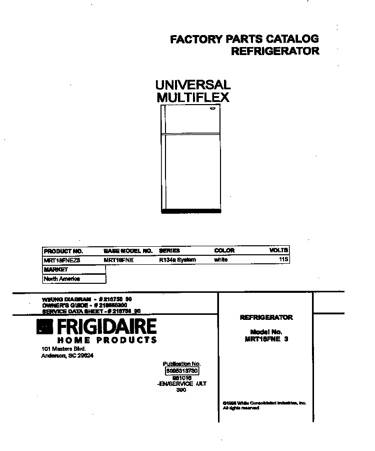 COVER Diagram and Parts List for MRT18FNEZ3  Frigidaire Refrigerator