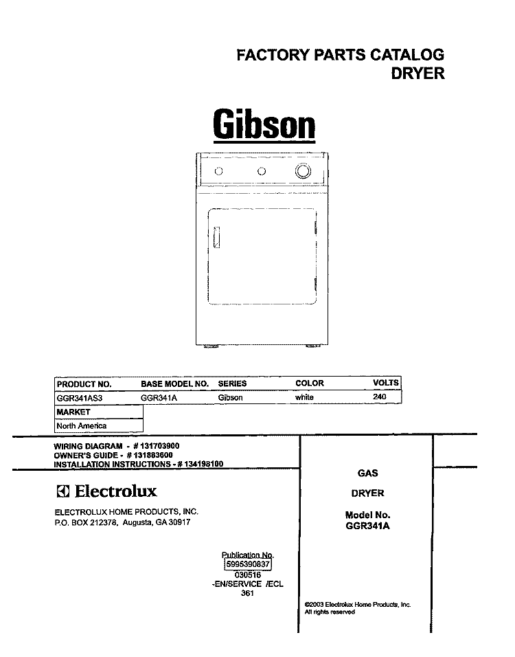COVER Diagram and Parts List for GGR341AS3  Gibson Dryer