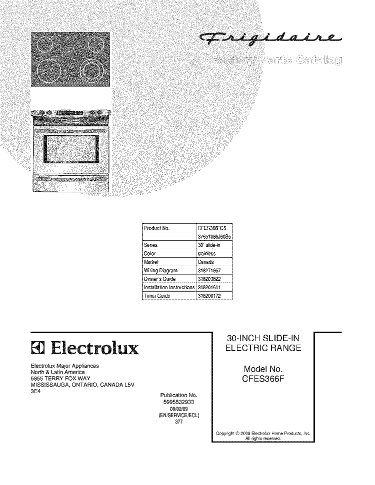 COVER Diagram and Parts List for CFES366FC5  Frigidaire Range