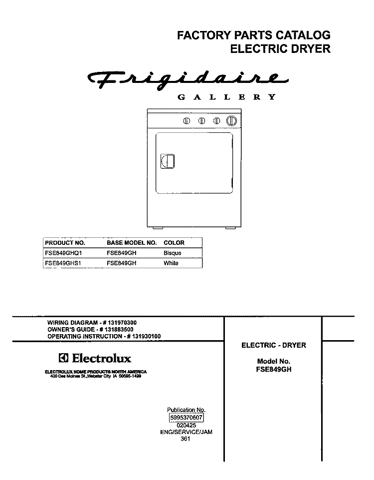 COVER Diagram and Parts List for FSE849GHS1  Frigidaire Dryer