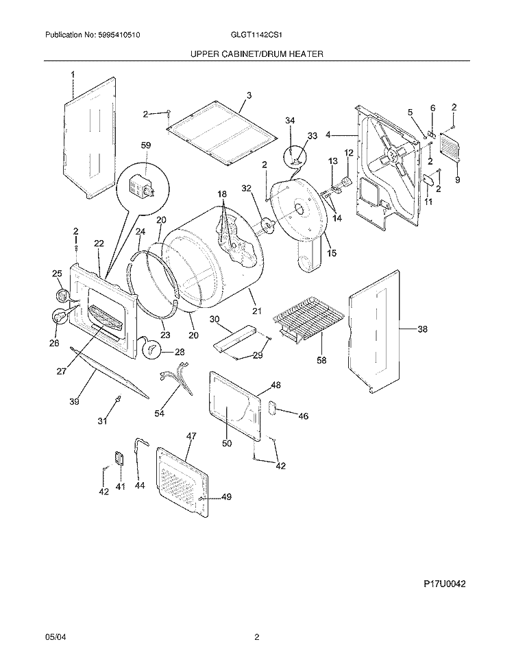 UPPER CABINET / DRUM HEATER Diagram and Parts List for GLGT1142CS1  Frigidaire Washer Dryer Combo