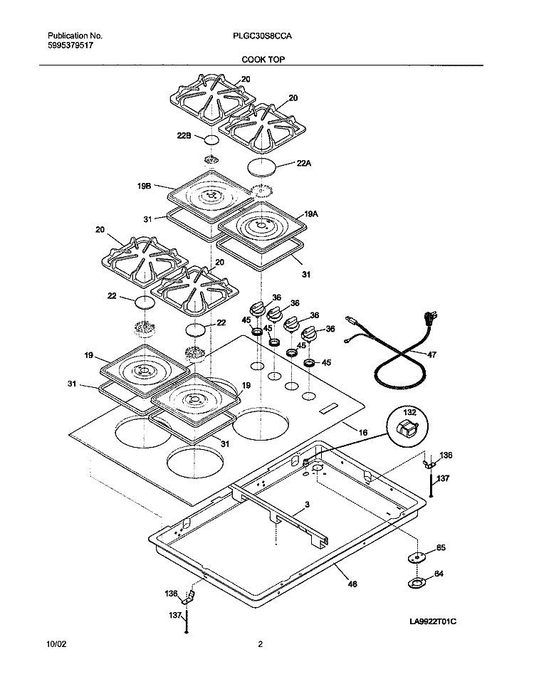 MAINTOP Diagram and Parts List for PLGC30S8CCA  Frigidaire Cooktop