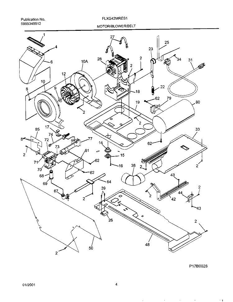 DRY MTR, BELT Diagram and Parts List for FLXG42MRES1  Frigidaire Washer Dryer Combo