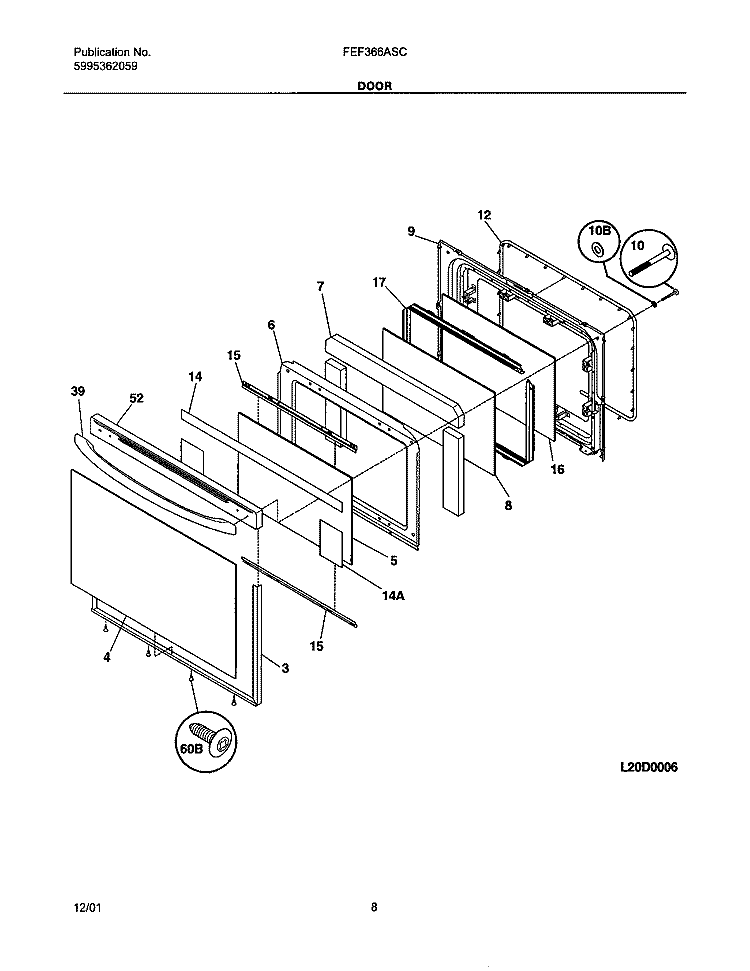 DOOR Diagram and Parts List for FEF366ASC  Frigidaire Range