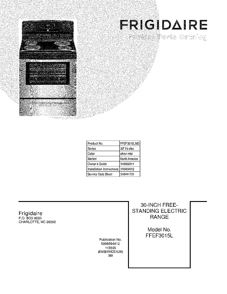 COVER Diagram and Parts List for FFEF3015LMD  Frigidaire Range