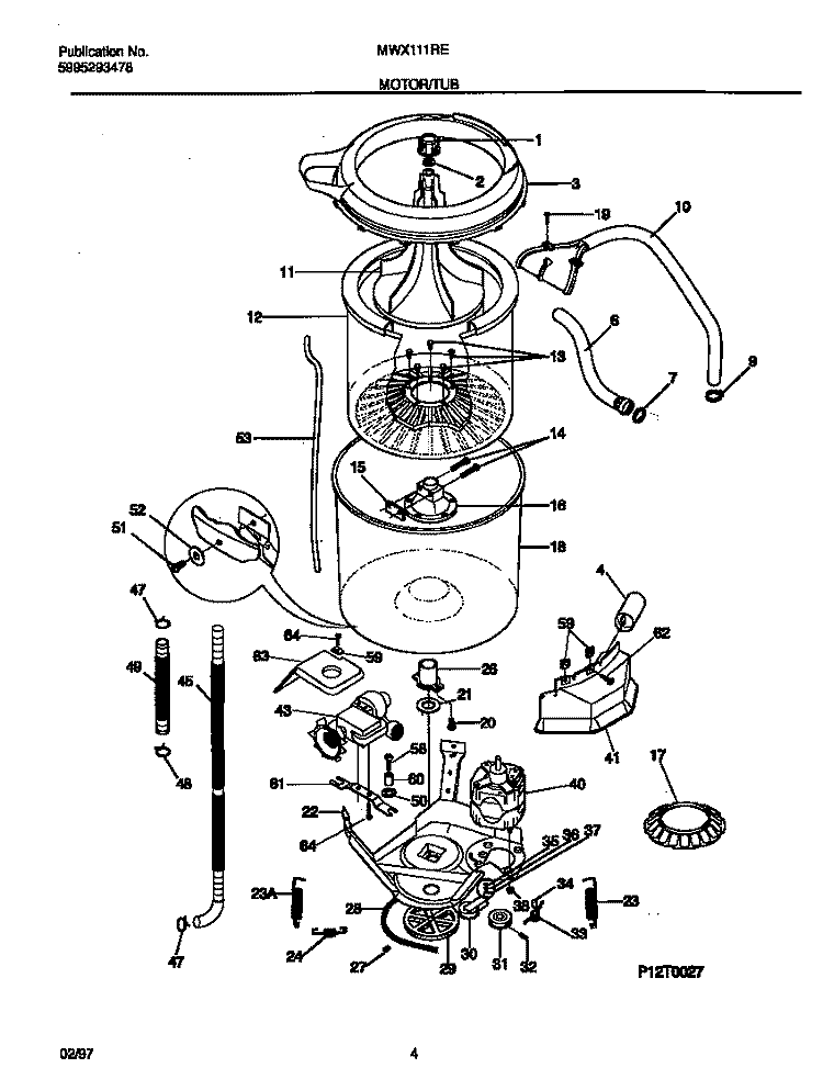 MOTOR / TUB Diagram and Parts List for MWX111REW1  Frigidaire Washer