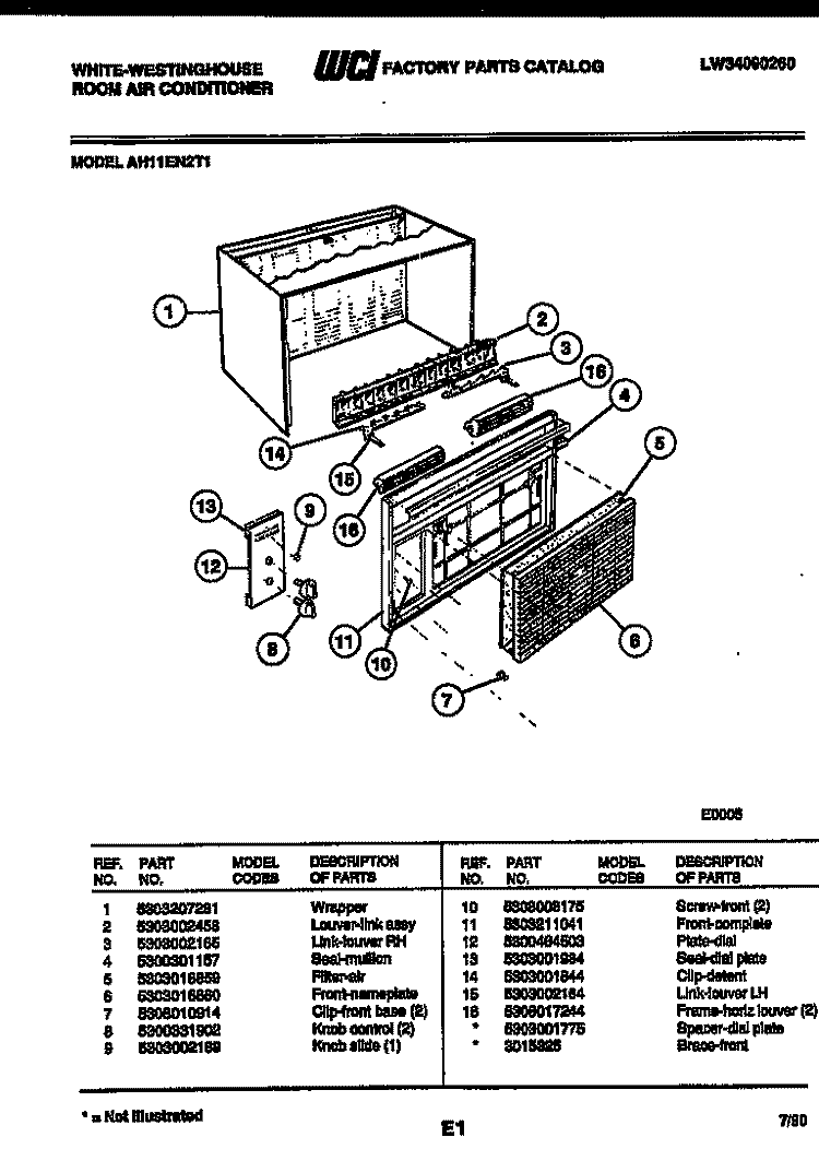 CABINET PARTS Diagram and Parts List for AH11EN2T1  Frigidaire Air Conditioner