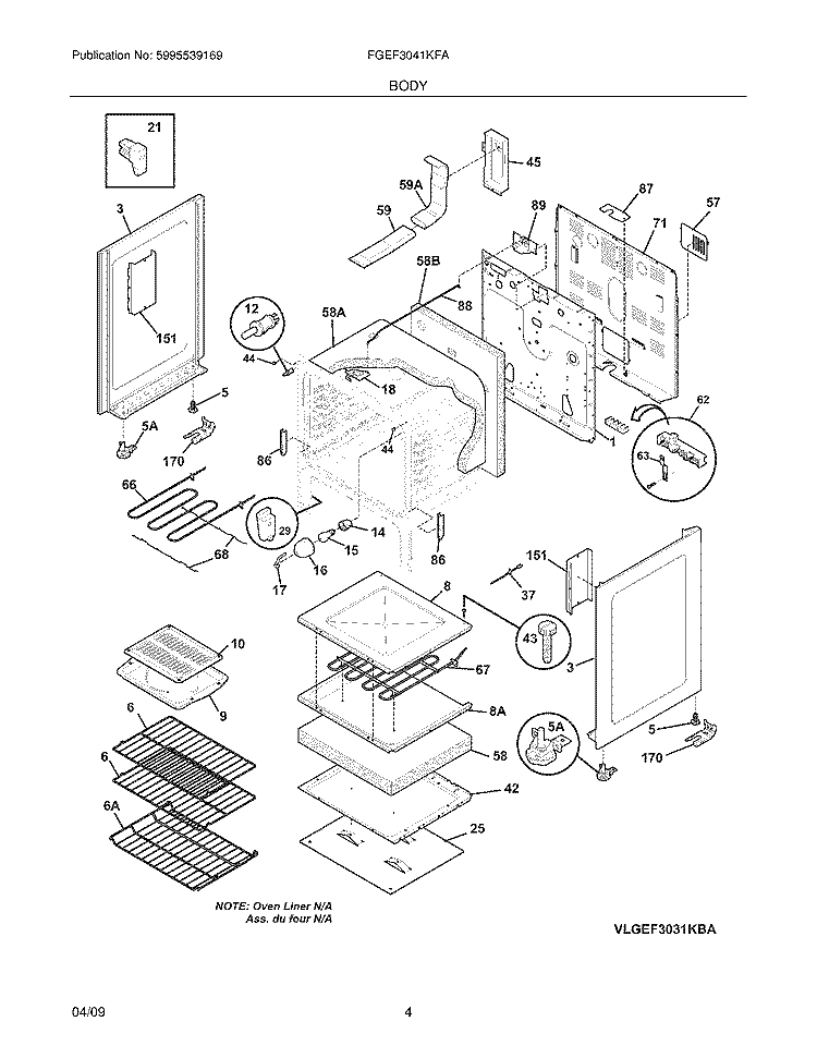 BODY Diagram and Parts List for FGEF3041KFA  Frigidaire Range