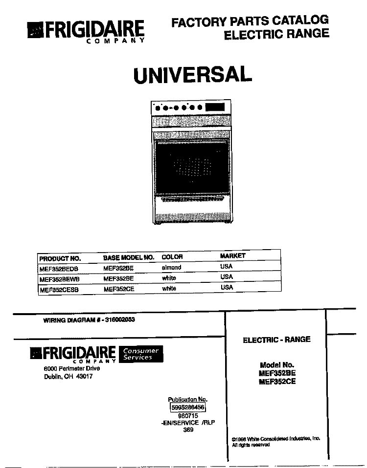 COVER Diagram and Parts List for MEF352BEDB  Frigidaire Range