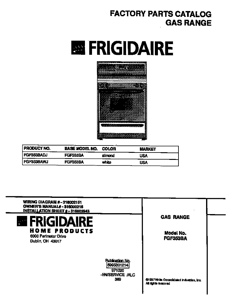 COVER Diagram and Parts List for FGF353BADJ  Frigidaire Range