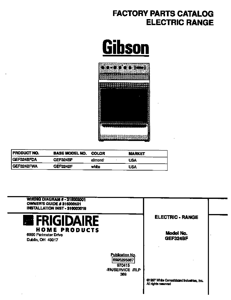 COVER Diagram and Parts List for GEF324BFWA  Gibson Range