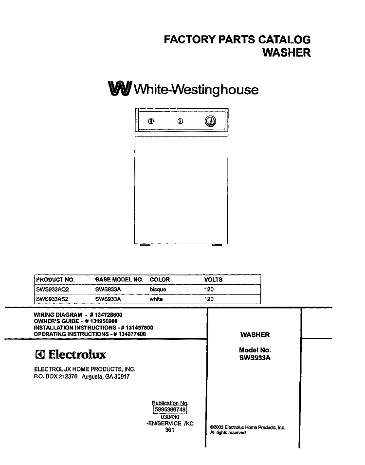 COVER Diagram and Parts List for SWS933AQ2  Westinghouse Washer