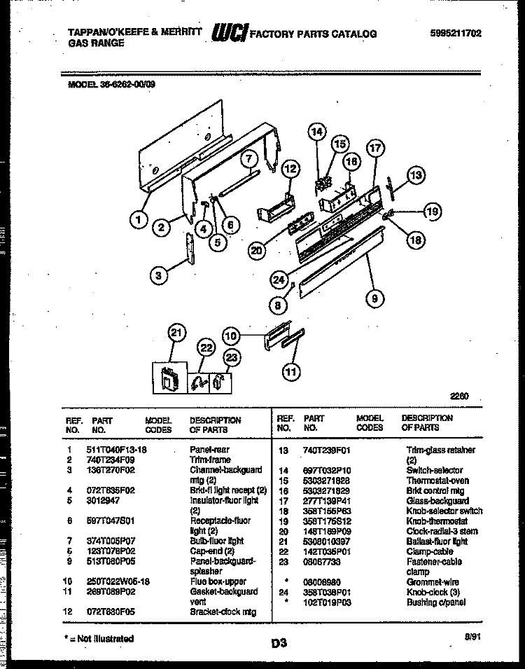 BACKGUARD Diagram and Parts List for 36-6262-00-09  Tappan Range
