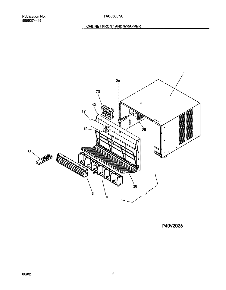 CABINET Diagram and Parts List for FAC086L7A2  Frigidaire Air Conditioner