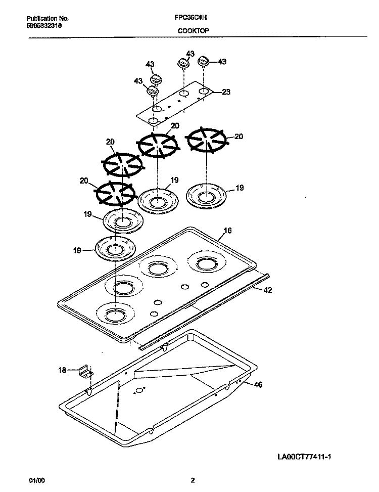 TOP Diagram and Parts List for FPC36C4HWA  Frigidaire Cooktop
