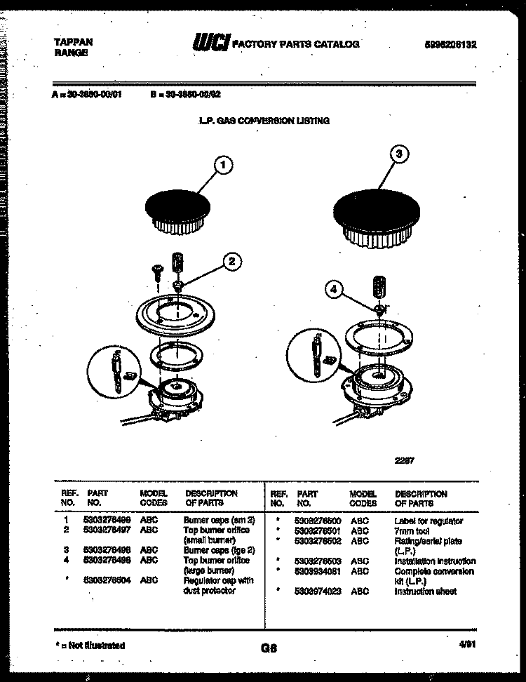 BURNER PARTS Diagram and Parts List for 30-3860-00-01  Tappan Range