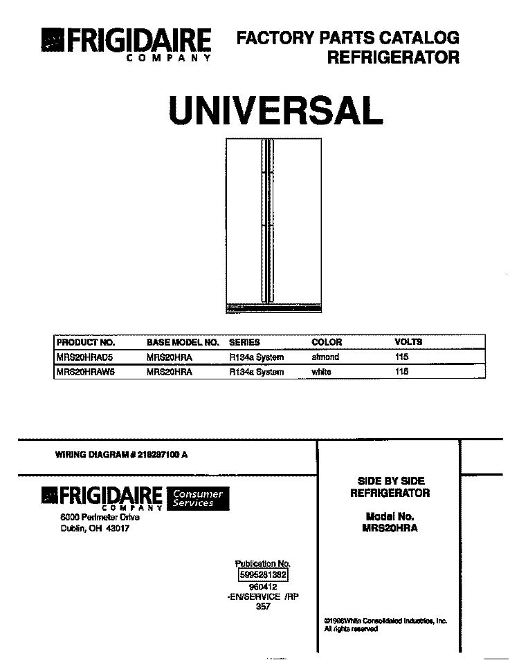 COVER Diagram and Parts List for MRS20HRAW5  Frigidaire Refrigerator