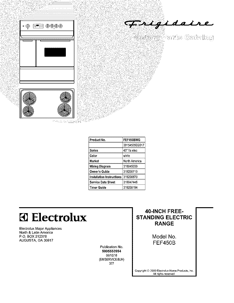 COVER Diagram and Parts List for FEF450BWG  Frigidaire Range