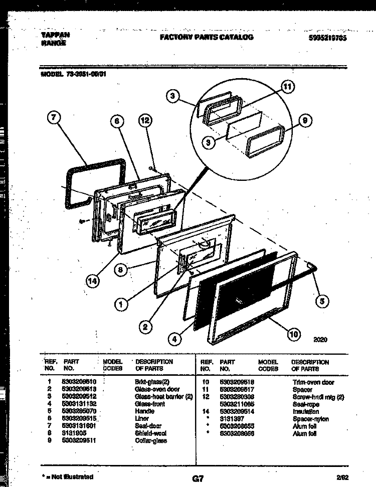 LOWER OVEN DOOR PARTS Diagram and Parts List for 73-3951-23-01  Tappan Range