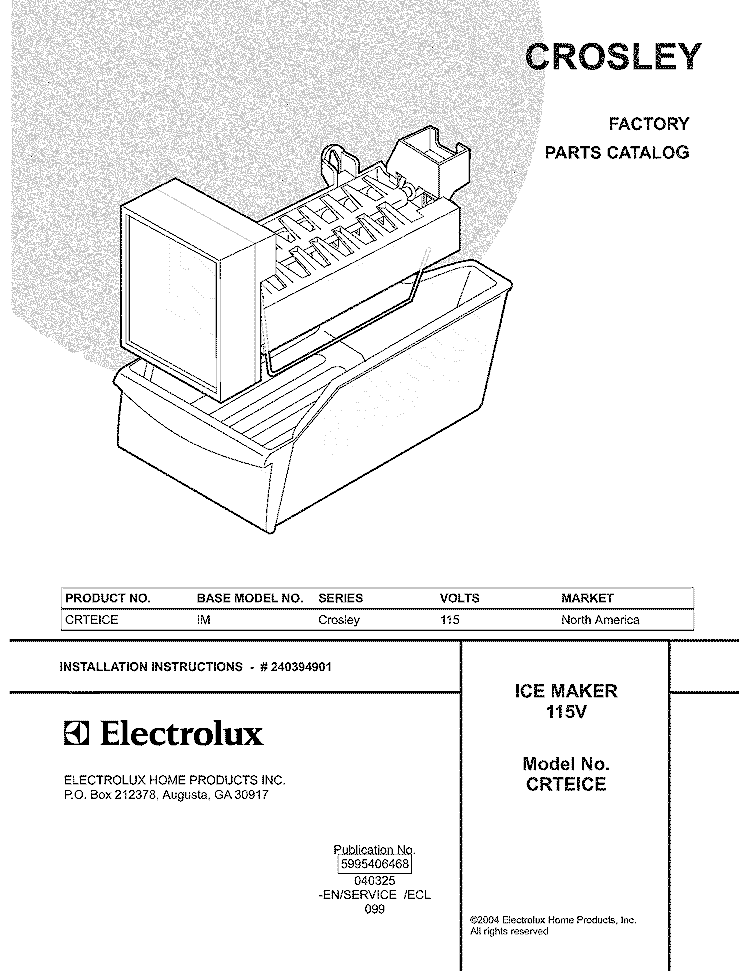 COVER Diagram and Parts List for CRTEICE  Crosley Ice Maker