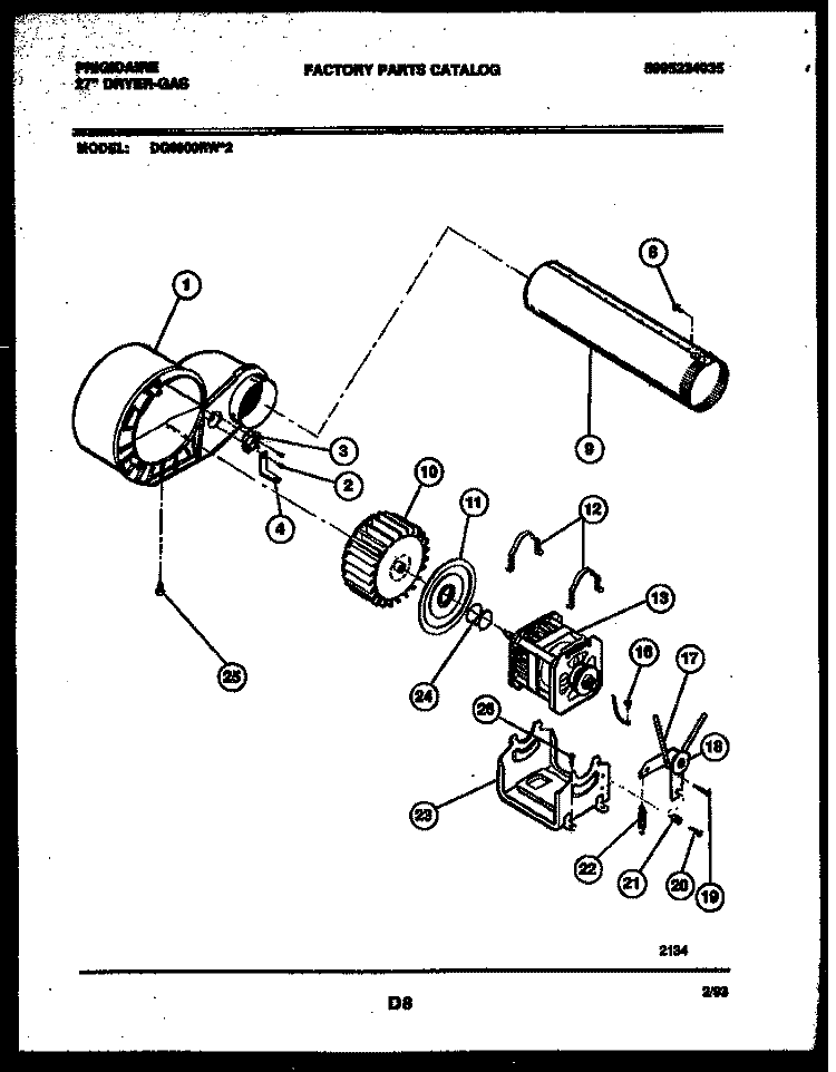 BLOWER AND DRIVE PARTS Diagram and Parts List for DG6900RW2  Frigidaire Dryer