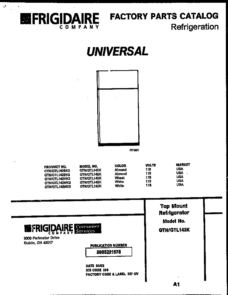 COVER Diagram and Parts List for GTN/GTL142BK2  Frigidaire Refrigerator