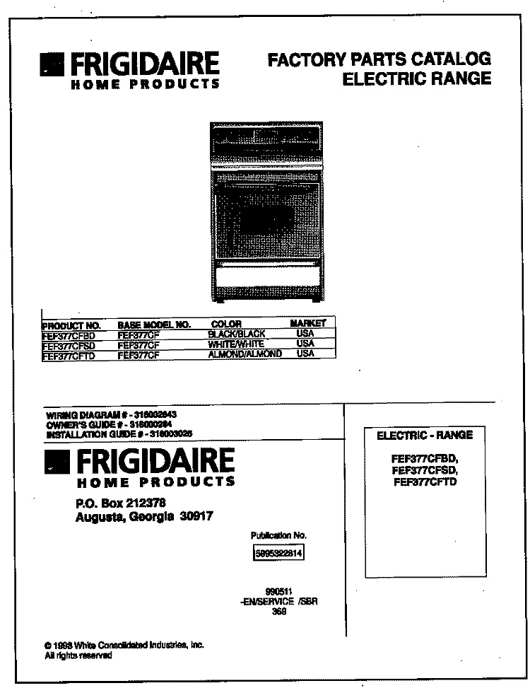 COVER Diagram and Parts List for FEF377CFBD  Frigidaire Range