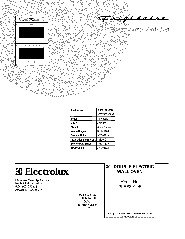 COVER Diagram and Parts List for PLEB30T9FCD  Frigidaire Wall Oven