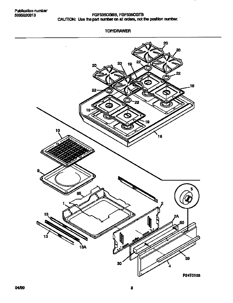 TOP / DRAWER Diagram and Parts List for FGF335CGTB  Frigidaire Range