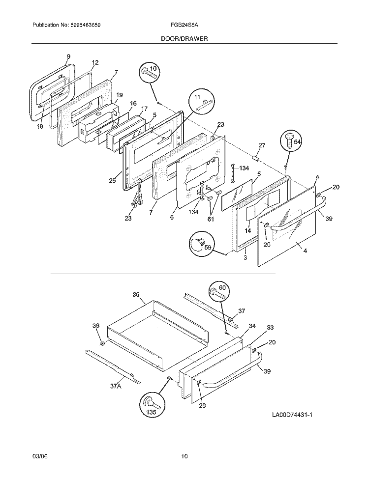 DOOR / DRAWER Diagram and Parts List for FGB24S5ABB  Frigidaire Wall Oven