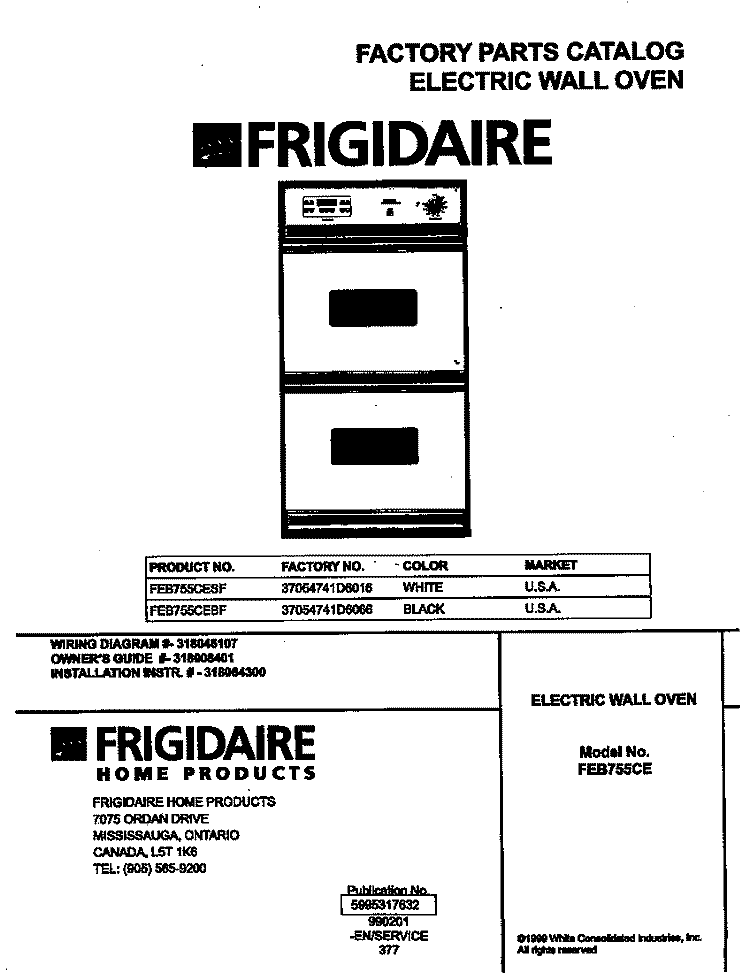 COVER Diagram and Parts List for FEB755CESF  Frigidaire Wall Oven
