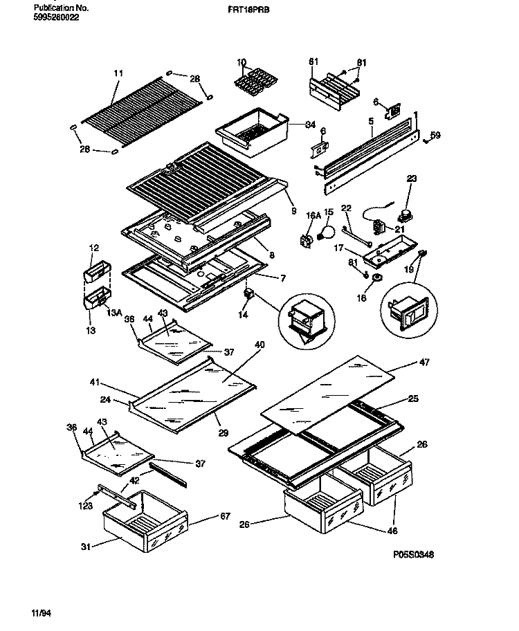 SHELVES, CONTROLS, DIVIDER, MULLION Diagram and Parts List for FRT18PRBW1  Frigidaire Refrigerator