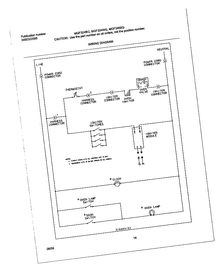 WIRING DIAGRAM Diagram and Parts List for MGF324BGDE  Frigidaire Range