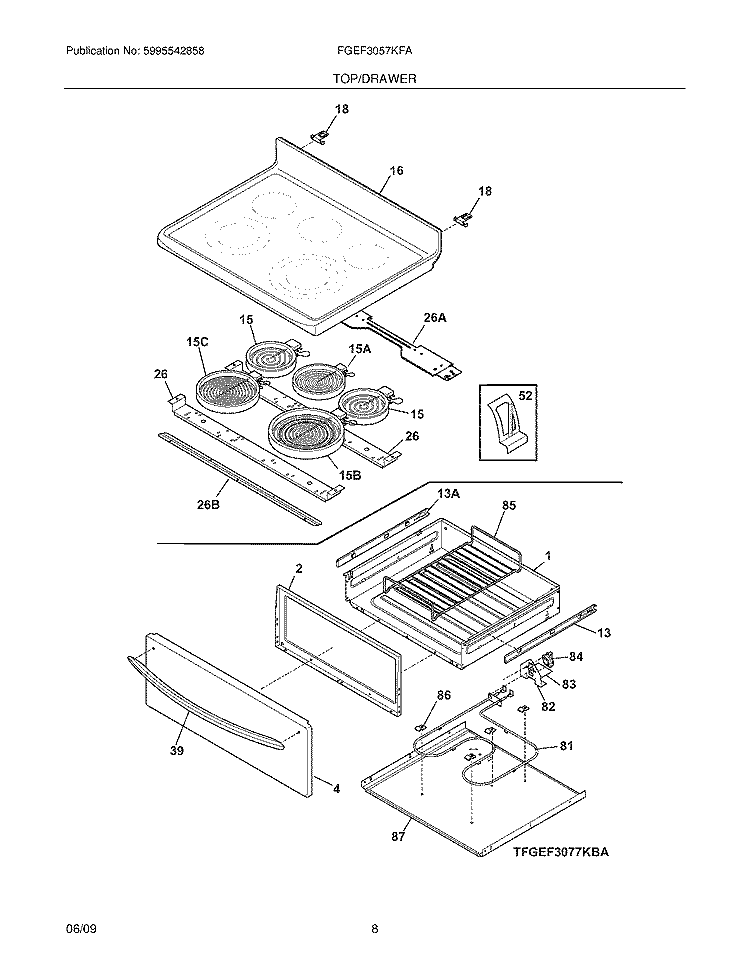 TOP/DRAWER Diagram and Parts List for FGEF3057KFA  Frigidaire Range