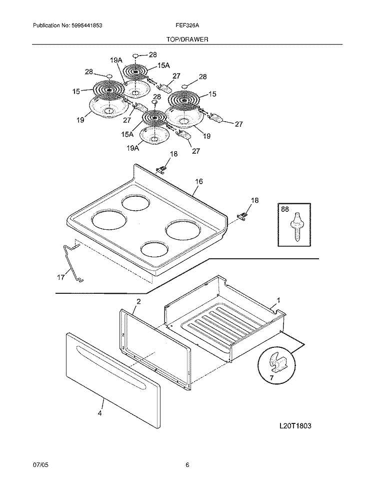 TOP / DRAWER Diagram and Parts List for FEF326AQL  Frigidaire Range