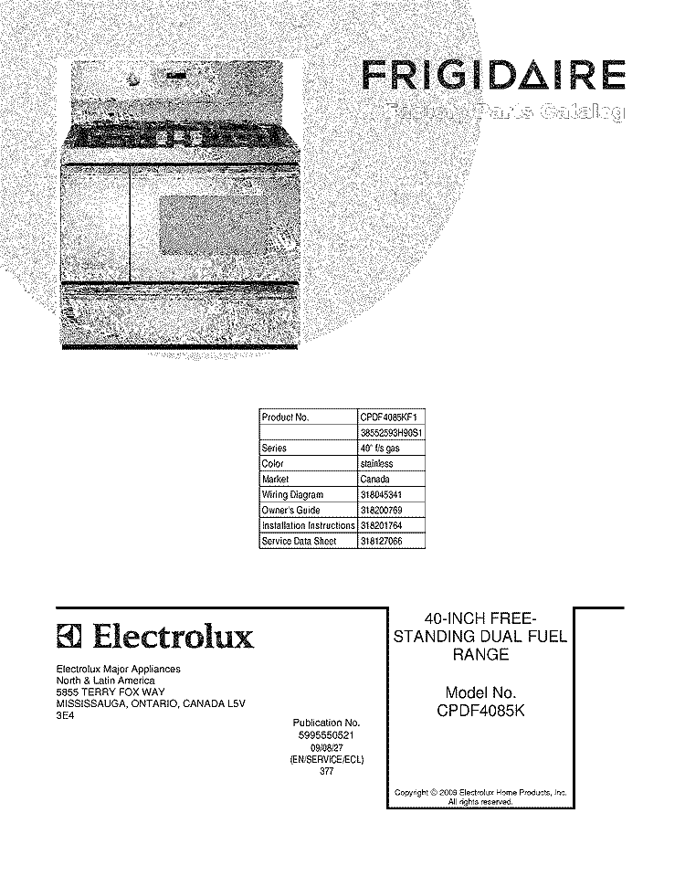 COVER Diagram and Parts List for CPDF4085KF1  Frigidaire Range