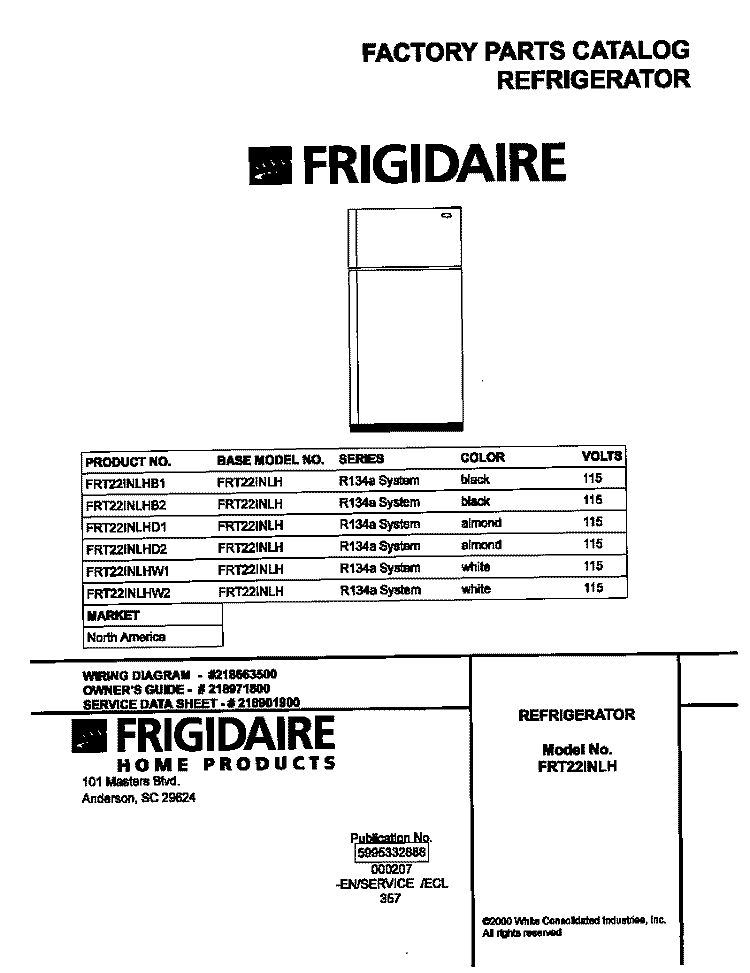 COVER Diagram and Parts List for FRT22INLHB2  Frigidaire Refrigerator