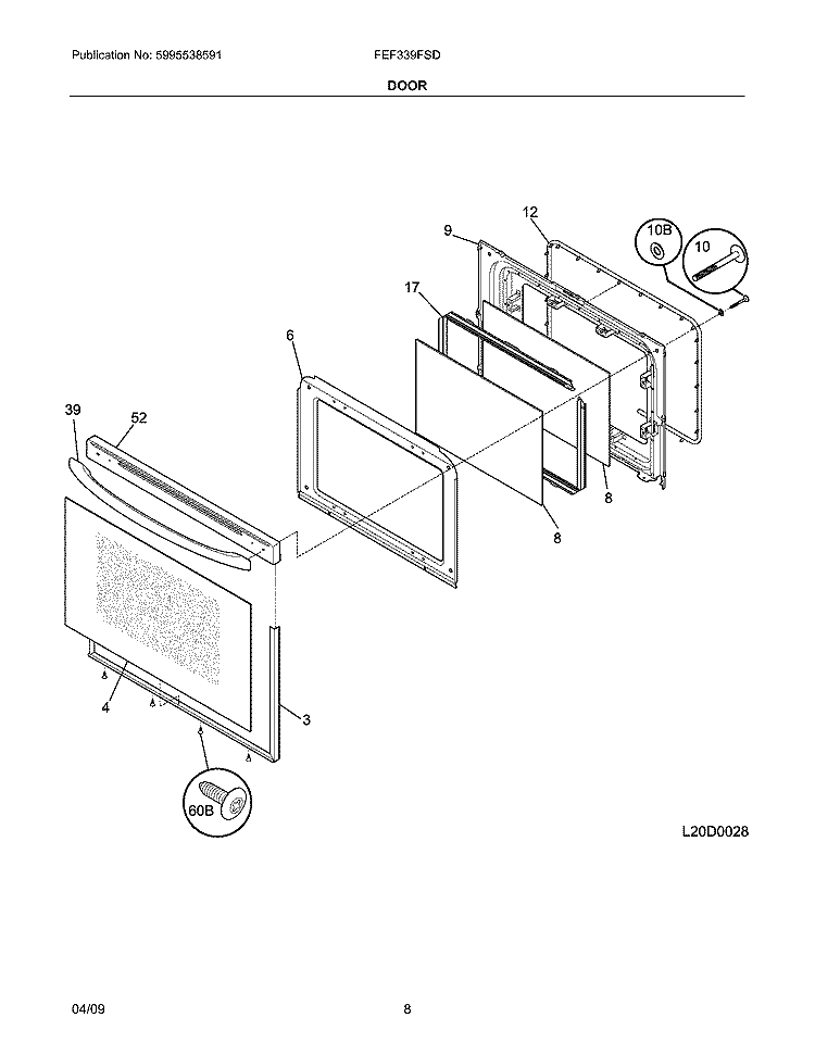 DOOR Diagram and Parts List for FEF339FSD  Frigidaire Range