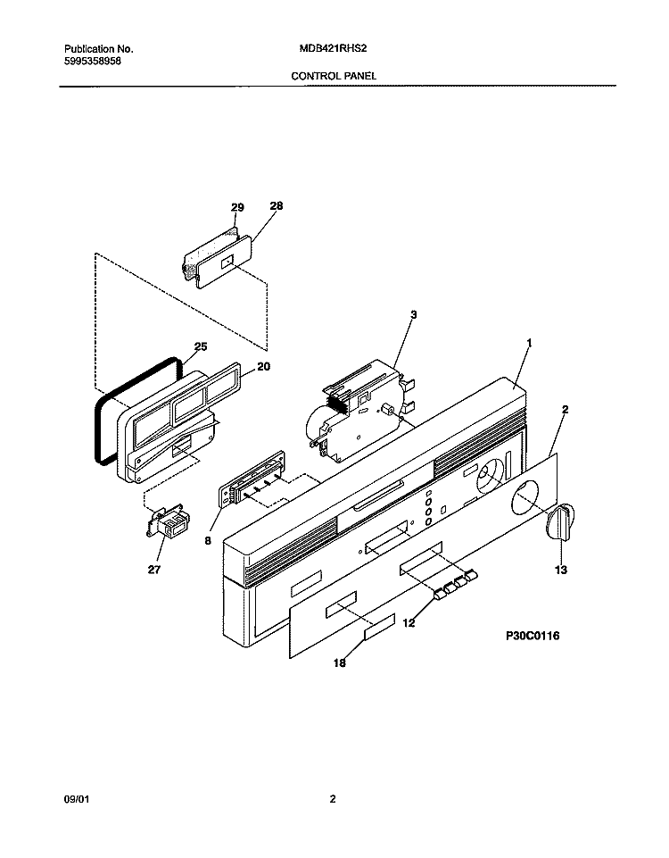 CONTROL PANEL Diagram and Parts List for MDB421RHS2  Westinghouse Dishwasher