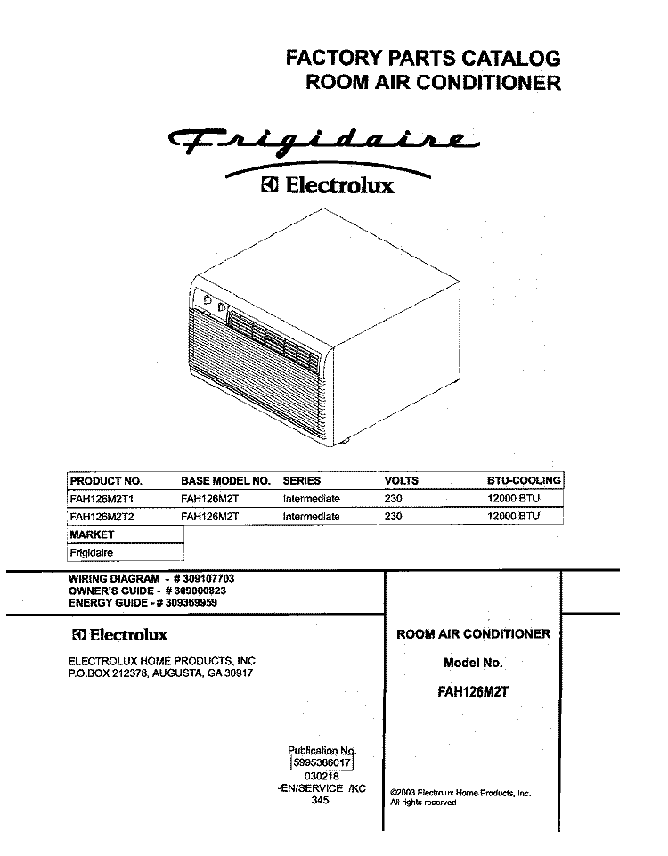 COVER Diagram and Parts List for FAH126M2T2  Frigidaire Air Conditioner