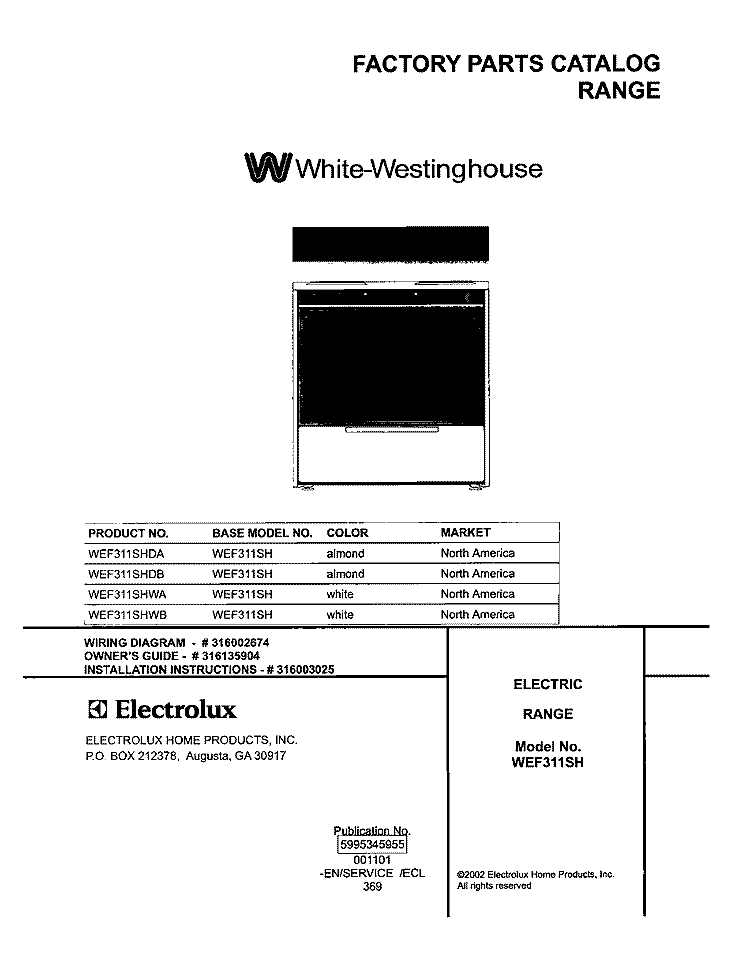 COVER Diagram and Parts List for WEF311SHDA  Westinghouse Range