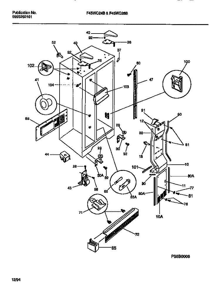 CABINET, LIGHT SHIELDS, MULLION Diagram and Parts List for F45WC26BD0  Frigidaire Refrigerator