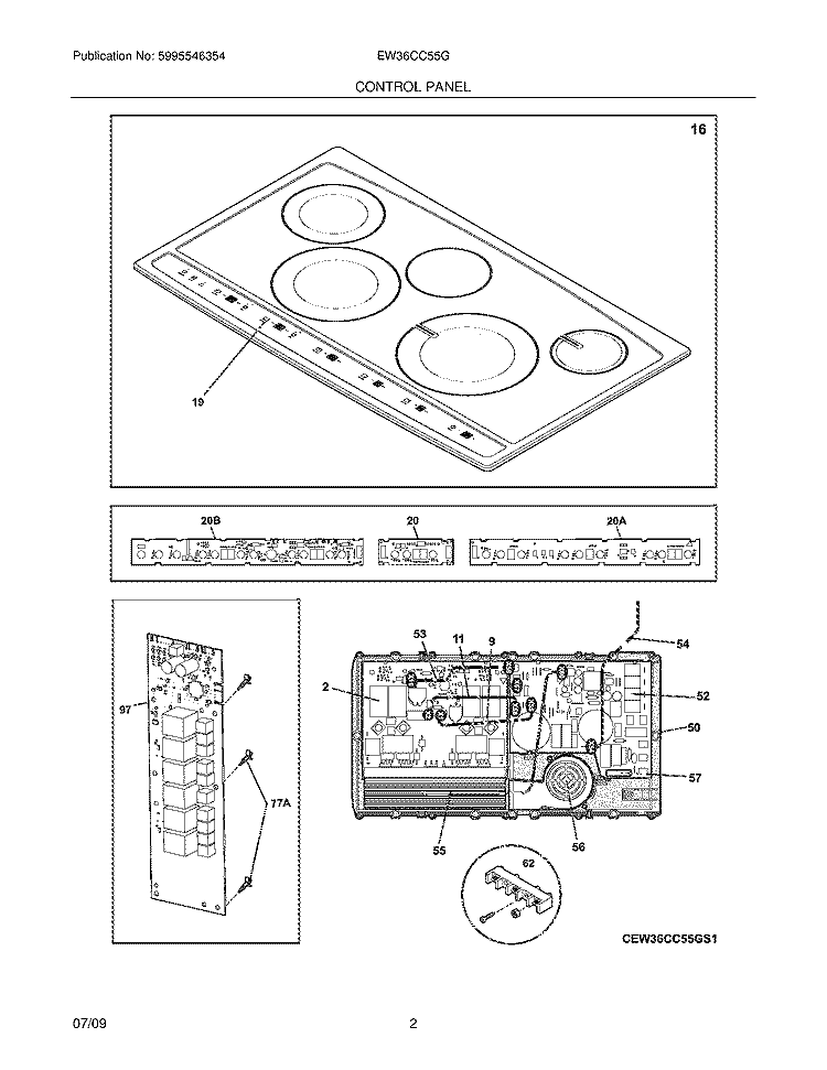 CONTROL PANEL Diagram and Parts List for EW36CC55GB3  Electrolux Cooktop