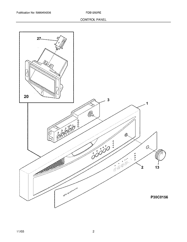 CONTROL PANEL Diagram and Parts List for FDB1250RES1  Frigidaire Dishwasher