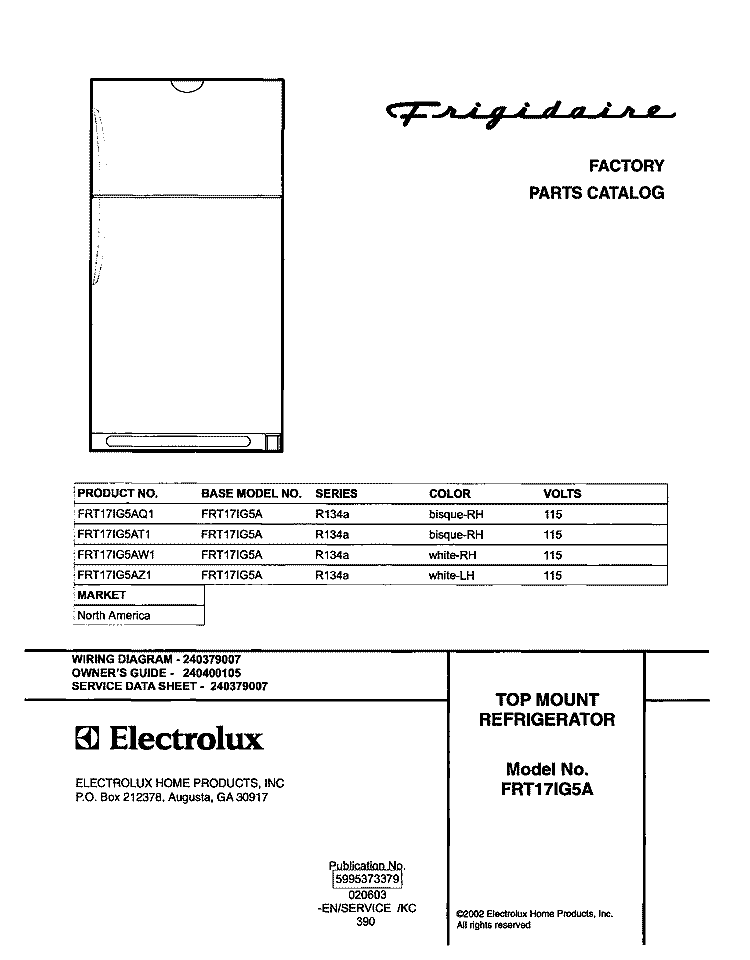 COVER Diagram and Parts List for FRT17IG5AW1  Frigidaire Refrigerator