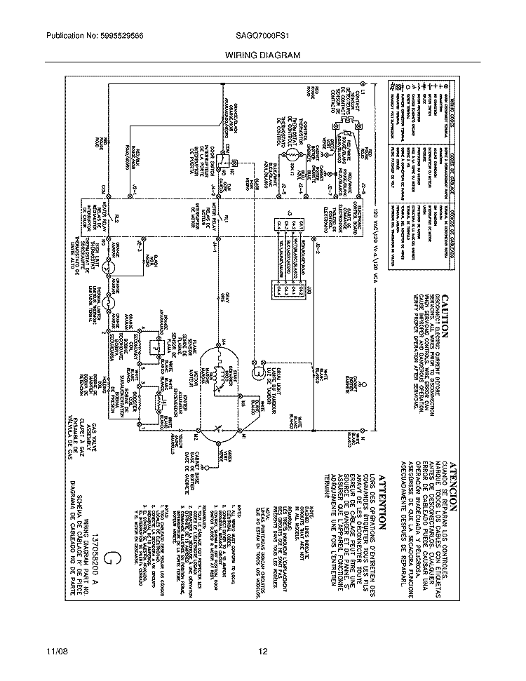 WIRING DIAGRAM Diagram and Parts List for SAGQ7000FS1  Electrolux Dryer