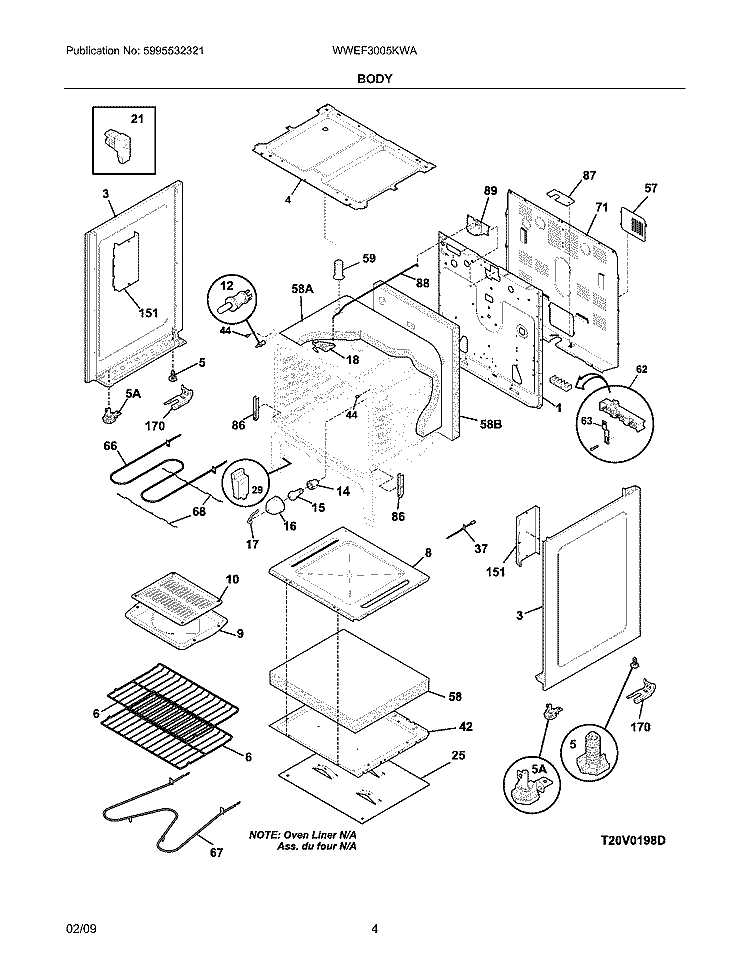 BODY Diagram and Parts List for WWEF3005KWA  Westinghouse Range