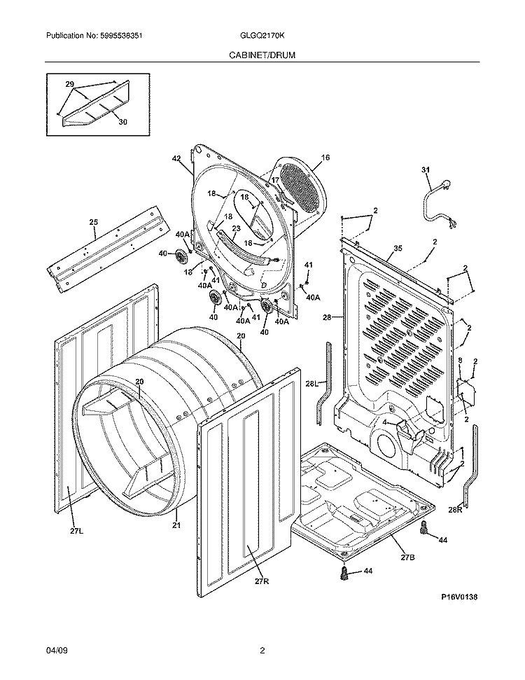 CABINET/DRUM Diagram and Parts List for GLGQ2170KE0  Frigidaire Dryer