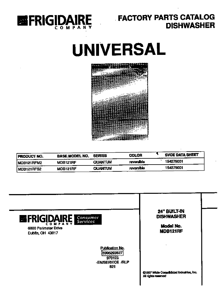 COVER Diagram and Parts List for MDB121RFM2  Frigidaire Dishwasher